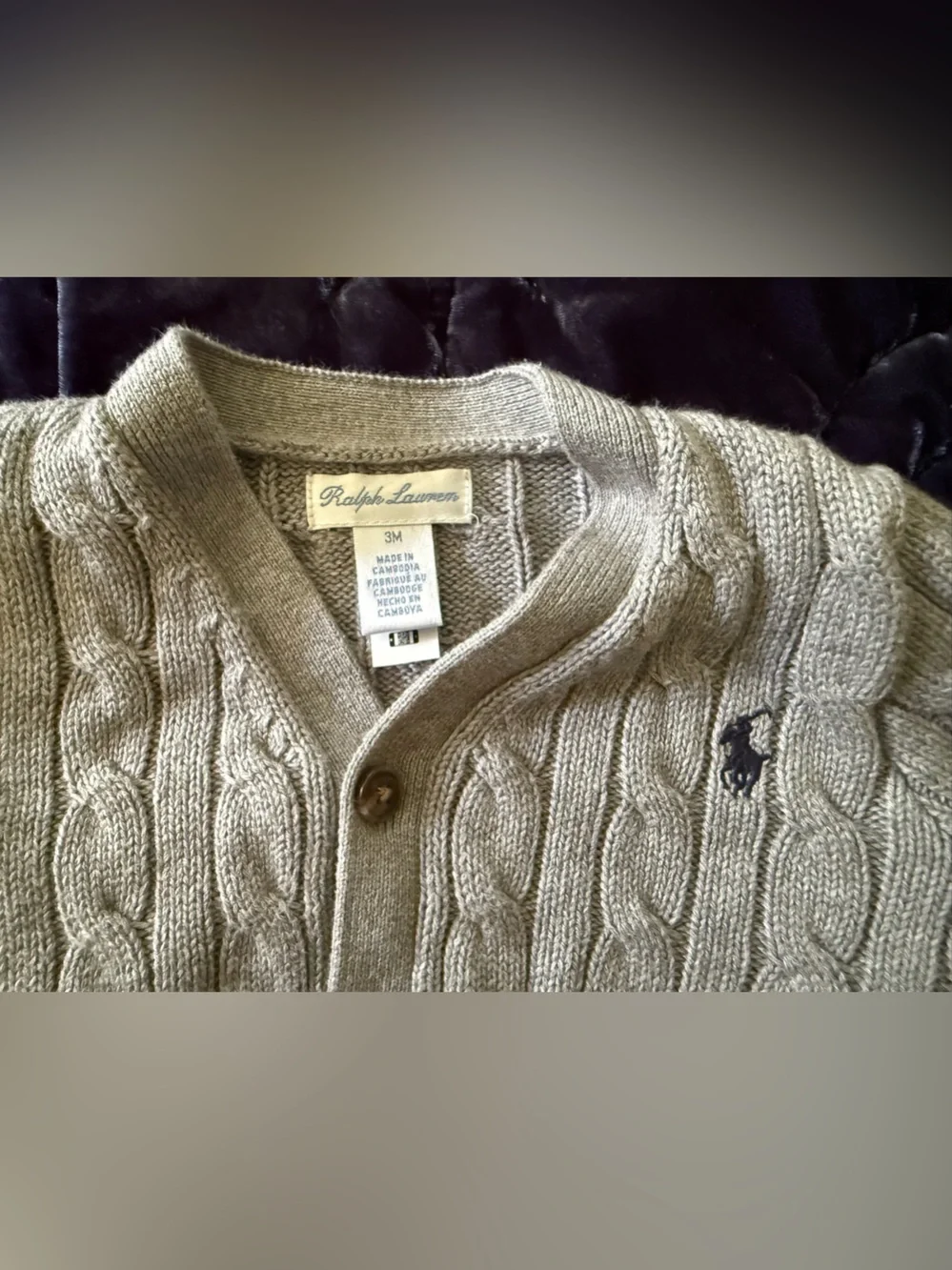 Ralph Lauren Baby Grey Cable-Knit Cardigan with Navy Logo